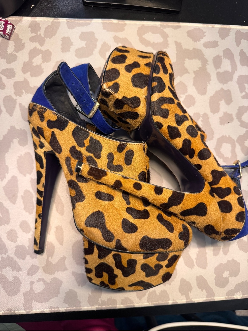 Leopard Print Platform High Heels with Blue Accents